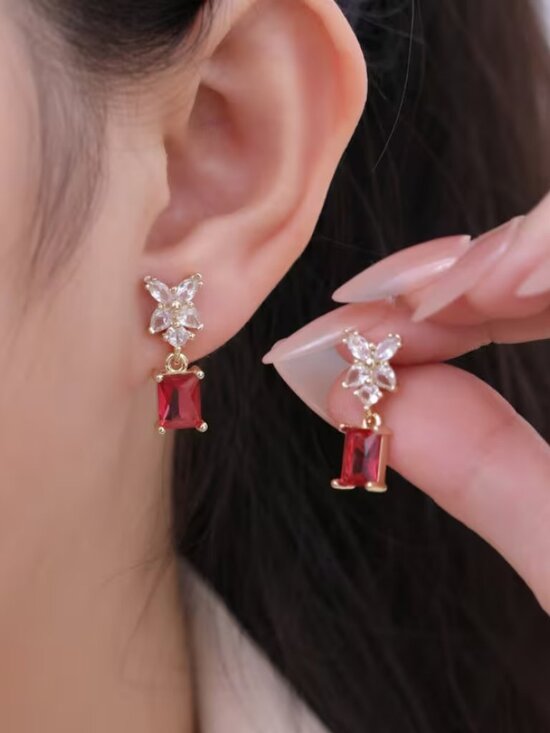 14K Gold Hanging Drop 2ct Red Ruby Gemstone 1ct Diamond Earrings Ladies Jewelry main image 6